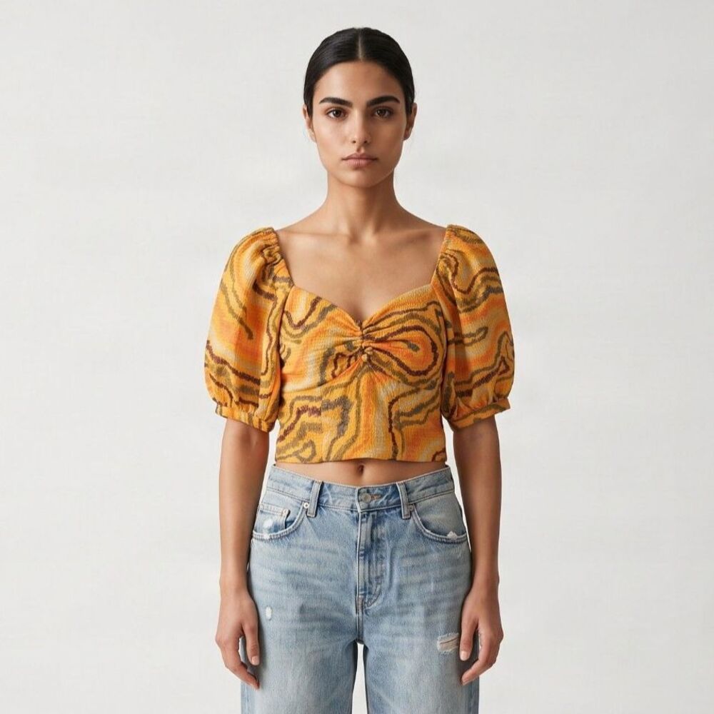 NWT Sam Edelman Crosshatch Wave Apricot Swirl Puff-Sleeve Crop Top